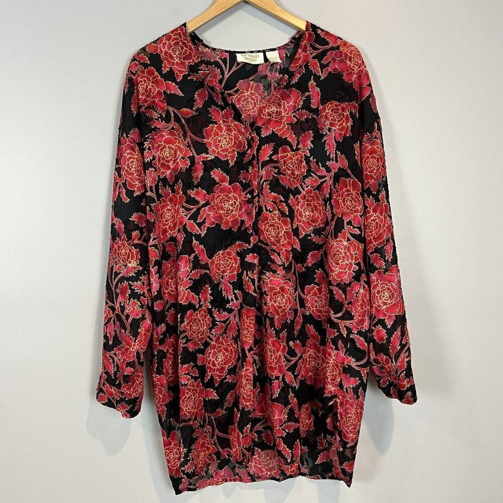 Victoria's Secret Gold Label Sleep Shirt Long Sleeve Black Pink Size Large Vtg